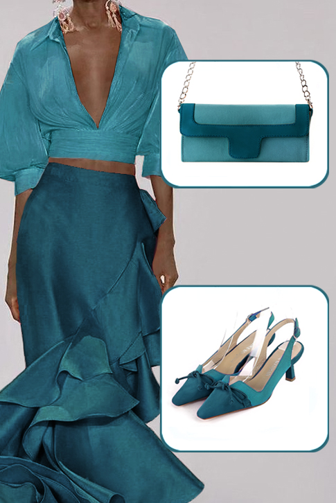 Women's peacock blue and aquamarine blue elegant slingback heels, with a bow on the front. Tapered toe. Medium spool heels - Top view